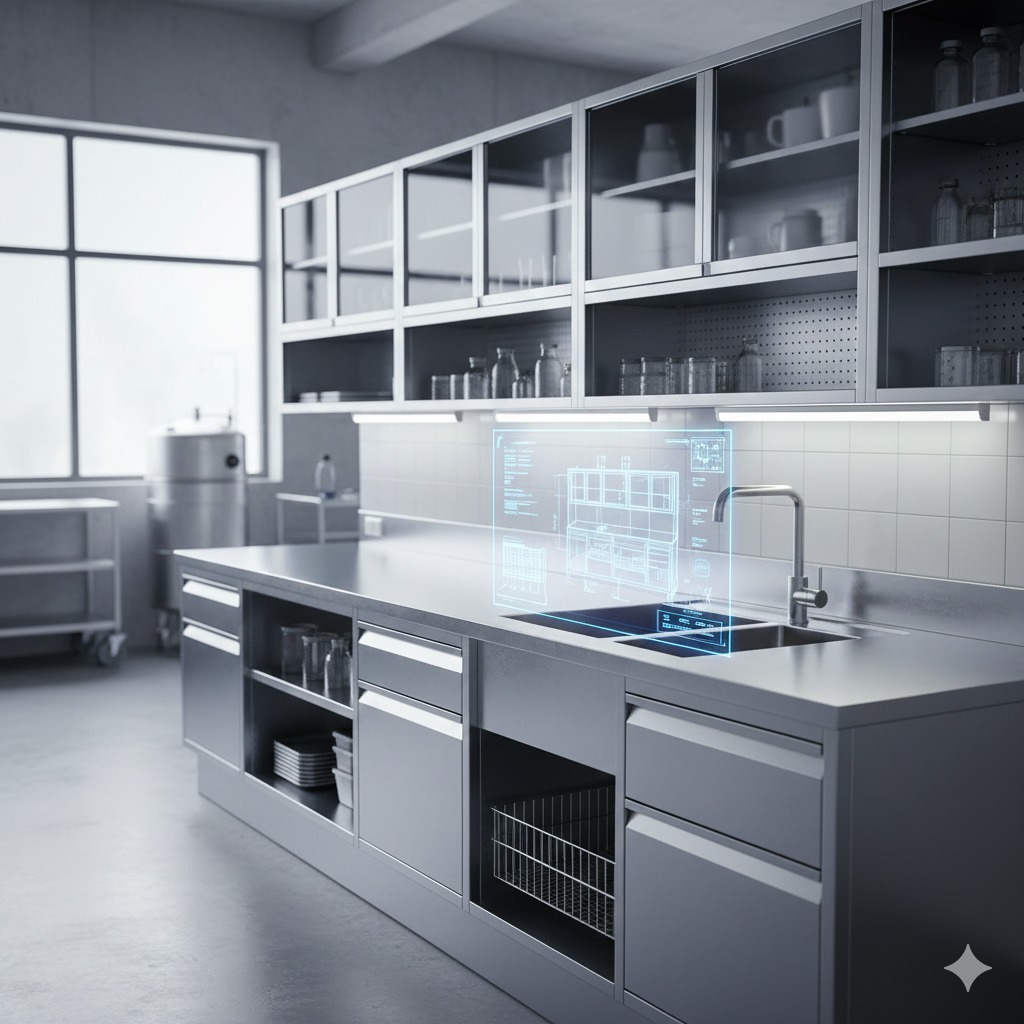 Cozinha profissional com peças em aço inox sob medida