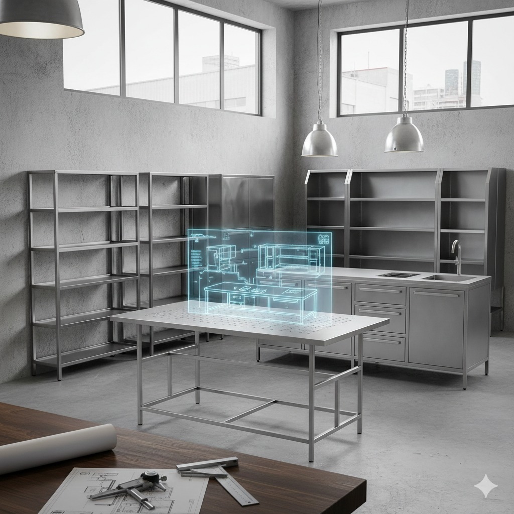 Ambiente comercial com mobiliário em aço inox